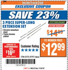 Harbor Freight ITC Coupon 3 PIECE SUPER-LONG EXTENSION SET Lot No. 62121/67975 Expired: 11/6/18 - $12.99