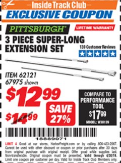 Harbor Freight ITC Coupon 3 PIECE SUPER-LONG EXTENSION SET Lot No. 62121/67975 Expired: 4/30/19 - $12.99