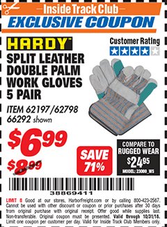Harbor Freight ITC Coupon SPLIT LEATHER DOUBLE PALM WORK GLOVES - 5 PAIR Lot No. 66292/62197/62798 Expired: 10/31/18 - $6.99
