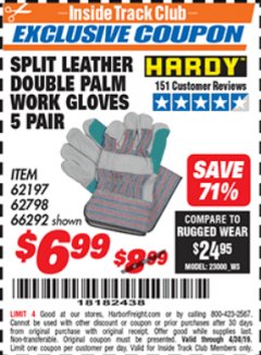 Harbor Freight ITC Coupon SPLIT LEATHER DOUBLE PALM WORK GLOVES - 5 PAIR Lot No. 66292/62197/62798 Expired: 4/30/19 - $6.99