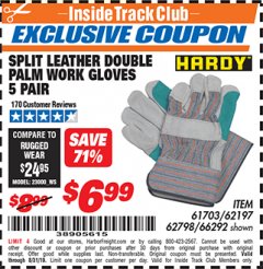 Harbor Freight ITC Coupon SPLIT LEATHER DOUBLE PALM WORK GLOVES - 5 PAIR Lot No. 66292/62197/62798 Expired: 8/31/19 - $6.99