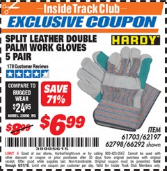 Harbor Freight ITC Coupon SPLIT LEATHER DOUBLE PALM WORK GLOVES - 5 PAIR Lot No. 66292/62197/62798 Expired: 8/31/19 - $6.99
