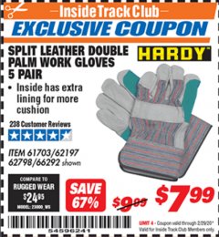 Harbor Freight ITC Coupon SPLIT LEATHER DOUBLE PALM WORK GLOVES - 5 PAIR Lot No. 66292/62197/62798 Expired: 2/29/20 - $7.99