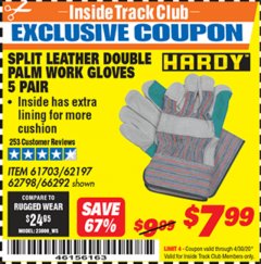 Harbor Freight ITC Coupon SPLIT LEATHER DOUBLE PALM WORK GLOVES - 5 PAIR Lot No. 66292/62197/62798 Expired: 4/30/20 - $7.99