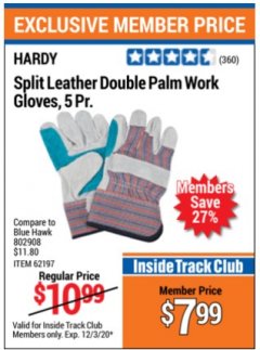 Harbor Freight ITC Coupon SPLIT LEATHER DOUBLE PALM WORK GLOVES - 5 PAIR Lot No. 66292/62197/62798 Expired: 12/3/20 - $7.99