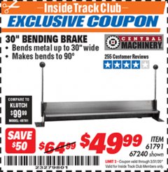 Harbor Freight ITC Coupon CENTRAL MACHINERY 30 IN. MOUNTABLE BENDING BRAKE Lot No. 67240/61791 Expired: 3/31/20 - $49.99