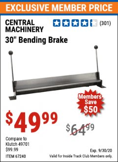 Harbor Freight ITC Coupon CENTRAL MACHINERY 30 IN. MOUNTABLE BENDING BRAKE Lot No. 67240/61791 Expired: 9/30/20 - $49.99
