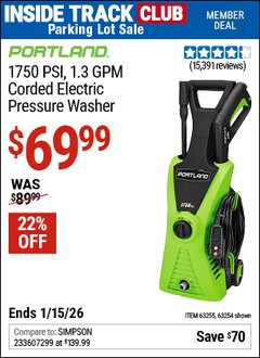 Harbor Freight ITC Coupon PORTLAND 1750 PSI, 1.3 GPM CORDED ELECTRIC PRESSURE WASHER Lot No. 63254/63255 Expired: 1/15/26 - $69.99