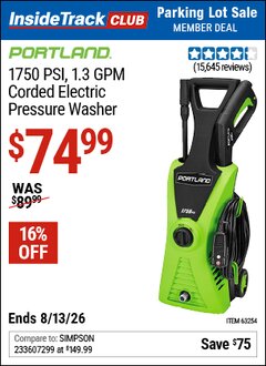Harbor Freight ITC Coupon PORTLAND 1750 PSI, 1.3 GPM CORDED ELECTRIC PRESSURE WASHER Lot No. 63254/63255 Valid Thru: 8/13/26 - $74.99