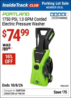 Harbor Freight ITC Coupon PORTLAND 1750 PSI, 1.3 GPM CORDED ELECTRIC PRESSURE WASHER Lot No. 63254/63255 Expired: 10/8/26 - $74.99