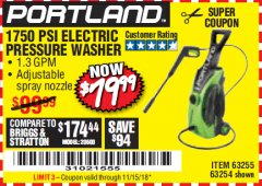 Harbor Freight Coupon 1750 PSI ELECTRIC PRESSURE WASHER Lot No. 63254/63255 Expired: 11/15/18 - $79.99