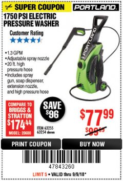 Harbor Freight Coupon 1750 PSI ELECTRIC PRESSURE WASHER Lot No. 63254/63255 Expired: 9/9/18 - $77.99