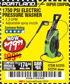 Harbor Freight Coupon 1750 PSI ELECTRIC PRESSURE WASHER Lot No. 63254/63255 Expired: 1/1/19 - $79.99
