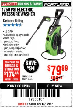 Harbor Freight Coupon 1750 PSI ELECTRIC PRESSURE WASHER Lot No. 63254/63255 Expired: 12/16/18 - $79.99