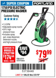 Harbor Freight Coupon 1750 PSI ELECTRIC PRESSURE WASHER Lot No. 63254/63255 Expired: 2/3/19 - $79.99