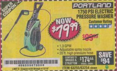 Harbor Freight Coupon 1750 PSI ELECTRIC PRESSURE WASHER Lot No. 63254/63255 Expired: 4/13/19 - $79.99