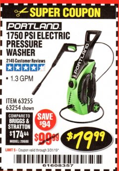 Harbor Freight Coupon 1750 PSI ELECTRIC PRESSURE WASHER Lot No. 63254/63255 Expired: 3/31/19 - $79.99