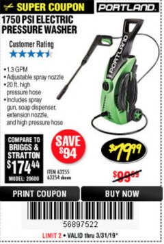 Harbor Freight Coupon 1750 PSI ELECTRIC PRESSURE WASHER Lot No. 63254/63255 Expired: 3/31/19 - $79.99