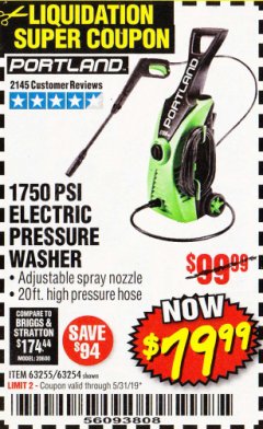 Harbor Freight Coupon 1750 PSI ELECTRIC PRESSURE WASHER Lot No. 63254/63255 Expired: 5/31/19 - $79.99