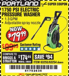 Harbor Freight Coupon 1750 PSI ELECTRIC PRESSURE WASHER Lot No. 63254/63255 Expired: 7/19/19 - $79.99