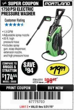 Harbor Freight Coupon 1750 PSI ELECTRIC PRESSURE WASHER Lot No. 63254/63255 Expired: 5/31/19 - $79.99