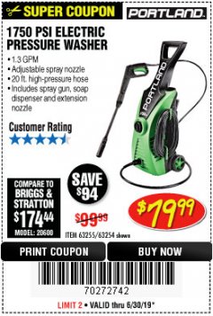Harbor Freight Coupon 1750 PSI ELECTRIC PRESSURE WASHER Lot No. 63254/63255 Expired: 6/30/19 - $79.99