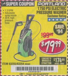 Harbor Freight Coupon 1750 PSI ELECTRIC PRESSURE WASHER Lot No. 63254/63255 Expired: 8/24/19 - $79.99