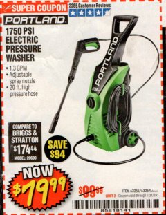 Harbor Freight Coupon 1750 PSI ELECTRIC PRESSURE WASHER Lot No. 63254/63255 Expired: 7/31/19 - $79.99