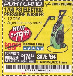 Harbor Freight Coupon 1750 PSI ELECTRIC PRESSURE WASHER Lot No. 63254/63255 Expired: 9/14/19 - $79.99