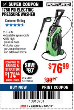 Harbor Freight Coupon 1750 PSI ELECTRIC PRESSURE WASHER Lot No. 63254/63255 Expired: 8/25/19 - $76.99