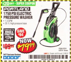 Harbor Freight Coupon 1750 PSI ELECTRIC PRESSURE WASHER Lot No. 63254/63255 Expired: 11/30/19 - $79.99