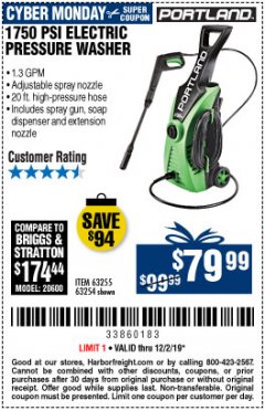 Harbor Freight Coupon 1750 PSI ELECTRIC PRESSURE WASHER Lot No. 63254/63255 Expired: 12/2/19 - $79.99