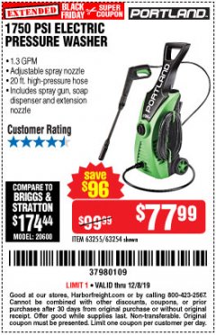 Harbor Freight Coupon 1750 PSI ELECTRIC PRESSURE WASHER Lot No. 63254/63255 Expired: 12/8/19 - $77.99