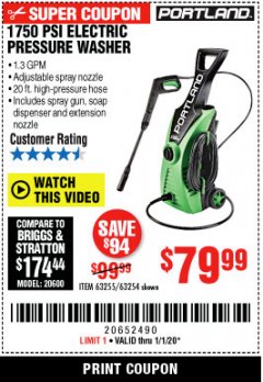 Harbor Freight Coupon 1750 PSI ELECTRIC PRESSURE WASHER Lot No. 63254/63255 Expired: 1/1/20 - $79.99