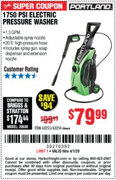 Harbor Freight Coupon 1750 PSI ELECTRIC PRESSURE WASHER Lot No. 63254/63255 Expired: 4/1/20 - $79.99