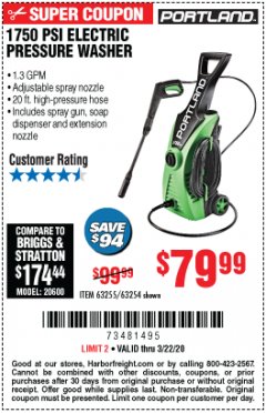 Harbor Freight Coupon 1750 PSI ELECTRIC PRESSURE WASHER Lot No. 63254/63255 Expired: 3/22/20 - $79.99