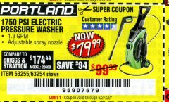 Harbor Freight Coupon 1750 PSI ELECTRIC PRESSURE WASHER Lot No. 63254/63255 Expired: 6/30/20 - $79.99