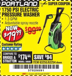 Harbor Freight Coupon 1750 PSI ELECTRIC PRESSURE WASHER Lot No. 63254/63255 Expired: 8/19/20 - $79.99
