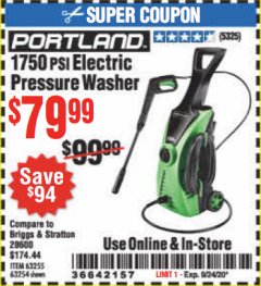 Harbor Freight Coupon 1750 PSI ELECTRIC PRESSURE WASHER Lot No. 63254/63255 Expired: 9/24/20 - $79.99
