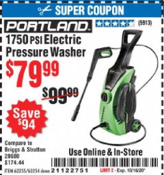Harbor Freight Coupon 1750 PSI ELECTRIC PRESSURE WASHER Lot No. 63254/63255 Expired: 10/16/20 - $79.99