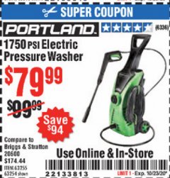 Harbor Freight Coupon 1750 PSI ELECTRIC PRESSURE WASHER Lot No. 63254/63255 Expired: 10/23/20 - $79.99