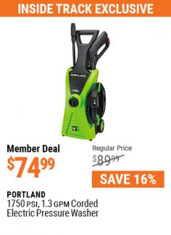 Harbor Freight Coupon 1750 PSI ELECTRIC PRESSURE WASHER Lot No. 63254/63255 Expired: 7/1/21 - $74.99