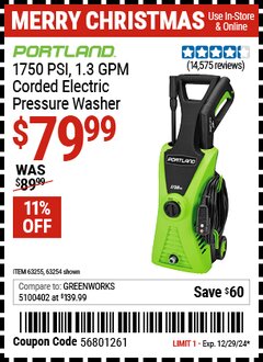 Harbor Freight Coupon PORTLAND 1750 PSI, 1.3 GPM CORDED ELECTRIC PRESSURE WASHER Lot No. 63254 Expired: 12/29/24 - $79.99