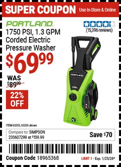 Harbor Freight Coupon PORTLAND 1750 PSI, 1.3 GPM CORDED ELECTRIC PRESSURE WASHER Lot No. 63254/63255 Expired: 1/25/26 - $69.99