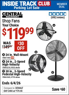 Harbor Freight ITC Coupon CENTRAL MACHINERY 24 IN., 2-SPEED HIGH-VELOCITY SHOP FAN Lot No. 93532/62210 Expired: 6/4/26 - $119.99