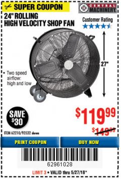 Harbor Freight Coupon 24" HIGH VELOCITY SHOP FAN Lot No. 62210/56742/93532 Expired: 5/27/18 - $119.99