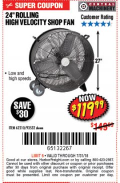 Harbor Freight Coupon 24" HIGH VELOCITY SHOP FAN Lot No. 62210/56742/93532 Expired: 7/31/18 - $119.99