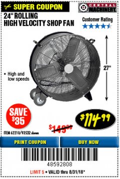 Harbor Freight Coupon 24" HIGH VELOCITY SHOP FAN Lot No. 62210/56742/93532 Expired: 8/31/18 - $114.99