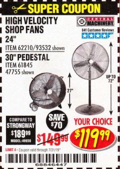 Harbor Freight Coupon 24" HIGH VELOCITY SHOP FAN Lot No. 62210/56742/93532 Expired: 7/31/19 - $119.99