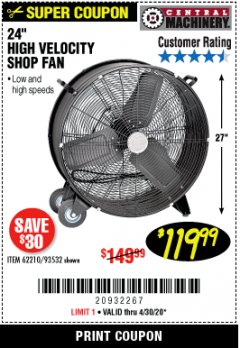 Harbor Freight Coupon 24" HIGH VELOCITY SHOP FAN Lot No. 62210/56742/93532 Expired: 6/30/20 - $119.99
